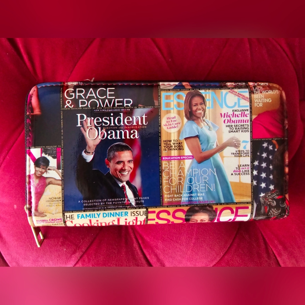 FLOTUS colorful graphic media montage Michelle Obama large zipper clutch wallet